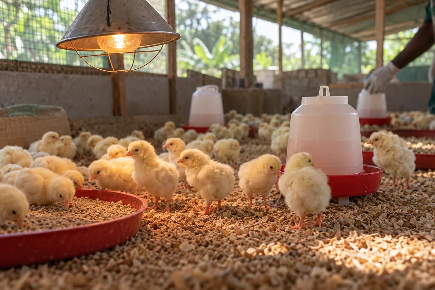 Day-old chicks in a practical brooding area