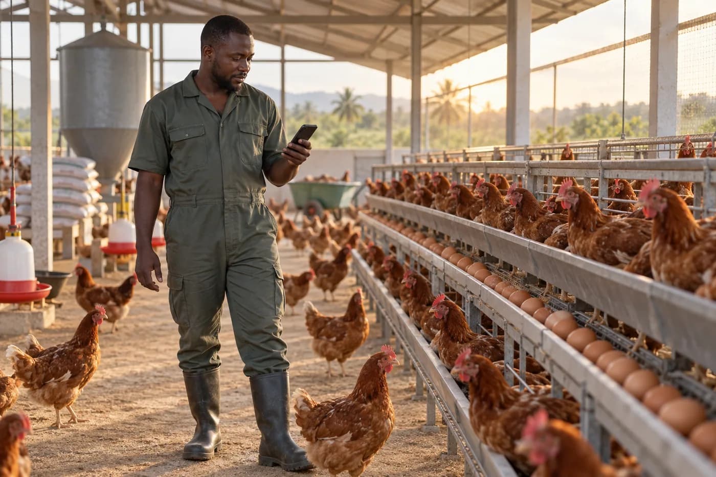 A poultry farm manager reviewing a phone while walking through the layer house