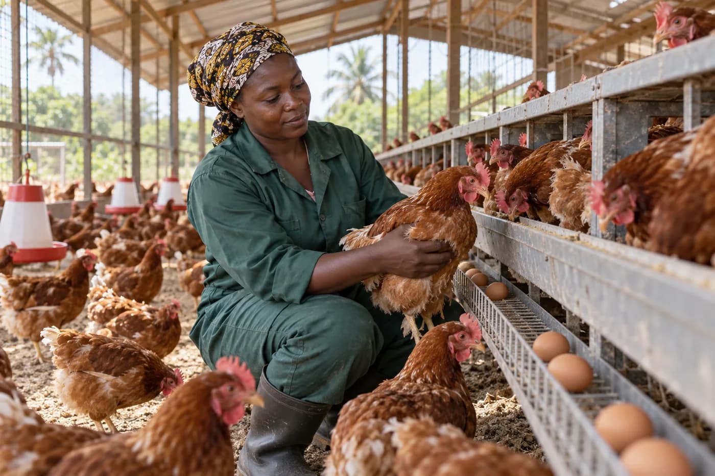 A Ghanaian poultry farmer checking healthy brown laying hens